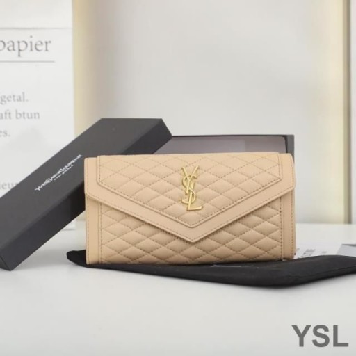 Kapitone Kuzu Derisi Kayısı / Altından Yves Saint Laurent Büyük Gaby Flap Cüzdan