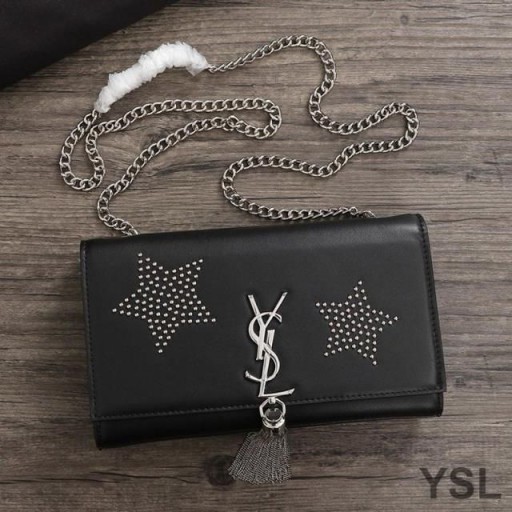Yıldız Çivili Deri Püsküllü Yves Saint Laurent Orta Kate Zincir Çanta Siyah / Gümüş