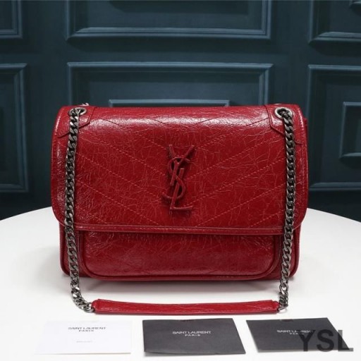 Buruşuk Ve Kapitone Deriden Yves Saint Laurent Orta Boy Niki Zincir Çanta Kırmızı / Gümüş