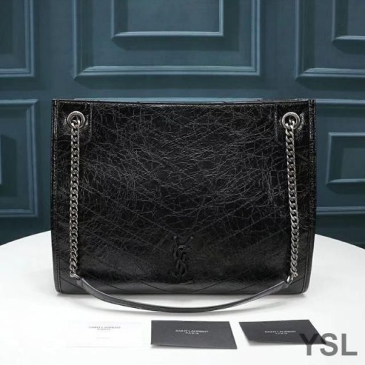Buruşuk Vintage Deri Siyah/Gümüş Yves Saint Laurent Orta Niki Alışveriş Çantası