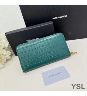 Yves Saint Laurent Büyük Cassandra Deconstruct Timsah Kabartmalı Deri Yeşil Cüzdan Etrafında Zip