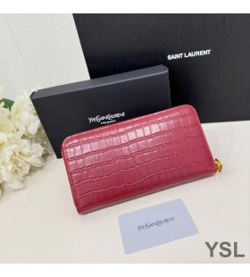 Yves Saint Laurent Büyük Cassandra Deconstruct Timsah Kabartmalı Deri Kırmızı Cüzdan Etrafında Zip