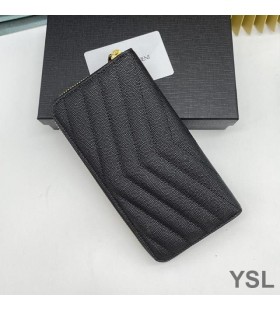Yves Saint Laurent Büyük Monogram Fermuarlı Cüzdan Taneli Matelasse Deri Siyah / Altın