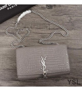 Timsah Kabartmalı Parlak Deri Gri/Gümüş Püsküllü Yves Saint Laurent Orta Kate Zincir Çanta