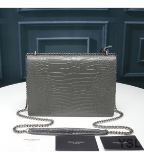 Timsah Kabartmalı Deriden Yves Saint Laurent Orta Gün Batımı Zincir Çanta Gri / Gümüş