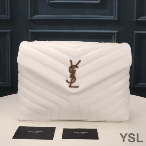 Yves Saint Laurent Medio De Loulou De La Cadena De Bolsa Y Matelasse De Cuero Blanco/Oro
