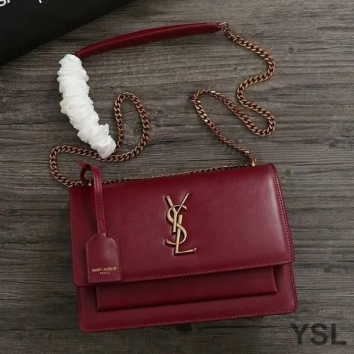 Yves Saint Laurent Medio De La Puesta De Sol En Cadena De La Bolsa En Cuero Rojo/Oro