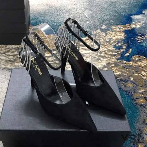 Yves Saint Laurent Vesper Slingback Bombas En Tweed y Cuero con Eslinga de Cadenas de Negro/Plata