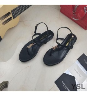 Yves Saint Laurent Cassandra Sandalias Planas Con T-Correa En Piel De Becerro De Cuero Negro
