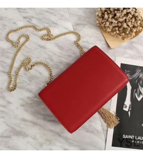 Yves Saint Laurent Medio Kate Bolsa de la Cadena con la Borla En Cuero Rojo/Oro