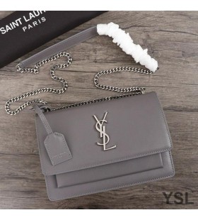 Yves Saint Laurent Medio De La Puesta De Sol En Cadena De La Bolsa En Piel Con Textura De Color Gris/Plata