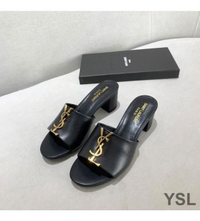 Yves Saint Laurent Monograma De Tacón De Diapositivas En Cuero De Becerro Negro