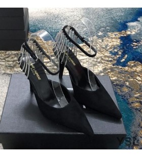 Yves Saint Laurent Vesper Slingback Bombas En Tweed y Cuero con Eslinga de Cadenas de Negro/Plata