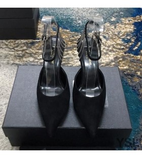 Yves Saint Laurent Vesper Slingback Bombas En Tweed y Cuero con Eslinga de Cadenas de Negro/Plata
