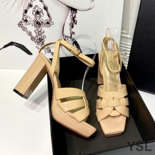 Yves Saint Laurent Tribute Platform Sandals In Patent Leather Beige