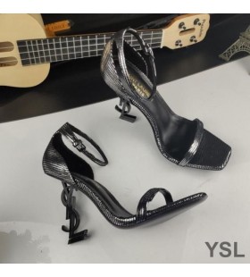 Yves Saint Laurent Opyum Sandals In Glitter Leather with Black Heel Silver