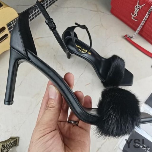Yves Saint Laurent Amber Sandály V Hladké Usně a Norek Kožešiny Černá