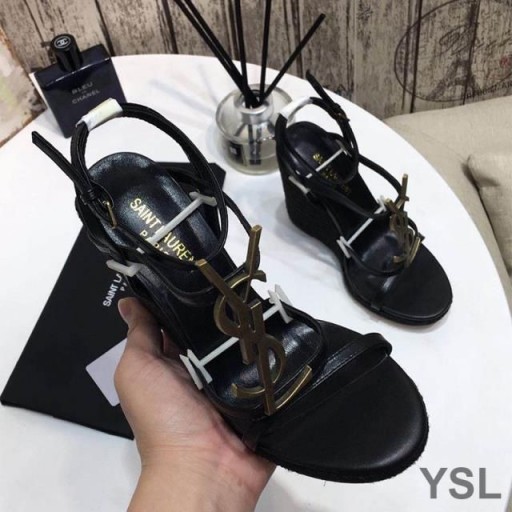 Yves Saint Laurent Cassandra Wedge Plátěné Boty Z Kůže Černé/Zlaté