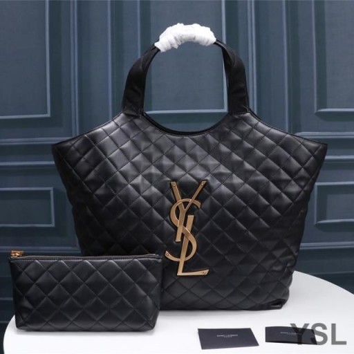 Yves Saint Laurent Icare Maxi Shopping Bag V Prošívané Jehněčí Kůže Černá/Zlatá