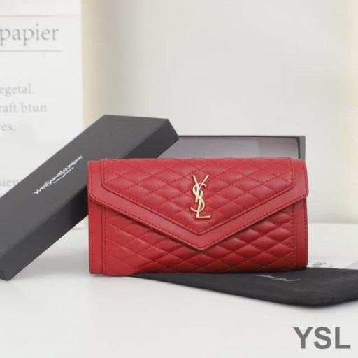 Yves Saint Laurent Velké Gaby Klapka Peněženka V Prošívané Jehněčí Kůže Červená/Zlatá