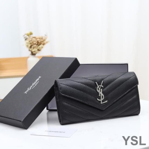 Yves Saint Laurent Velký Monogram Klapka Peněženka V Zrnitá Matelasse Kůže Černá/Stříbrná