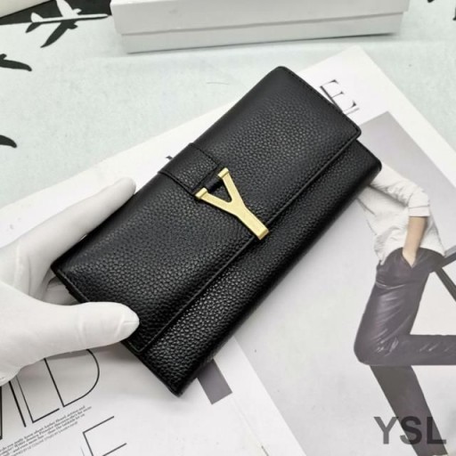Yves Saint Laurent Velké Y-Ligne Klapka Peněženka V Zrnitá Kůže Černá/Zlatá