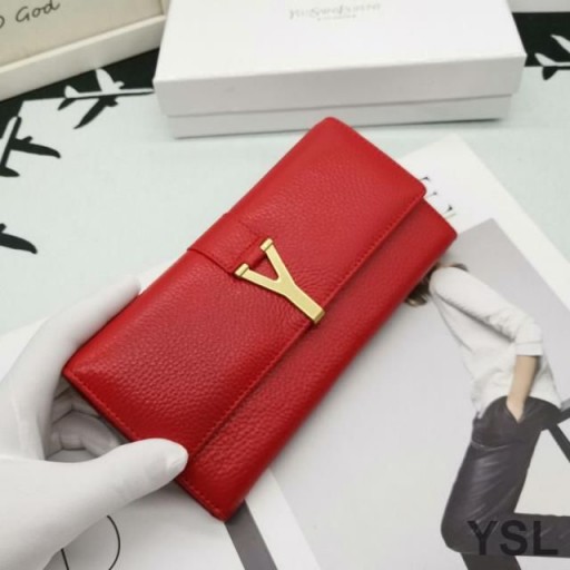 Yves Saint Laurent Velké Y-Ligne Klapka Peněženka V Zrnitá Kůže Červená/Zlatá