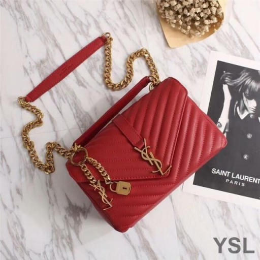 Yves Saint Laurent Střední Klasické Vysoké Řetězec Taška V Matelasse Kůže Červená/Zlatá