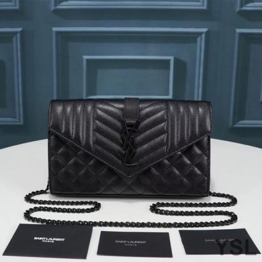 Yves Saint Laurent Monogram Řetězce Peněženku Ve Smíšených Zrnitá Matelasse Kožené Černé