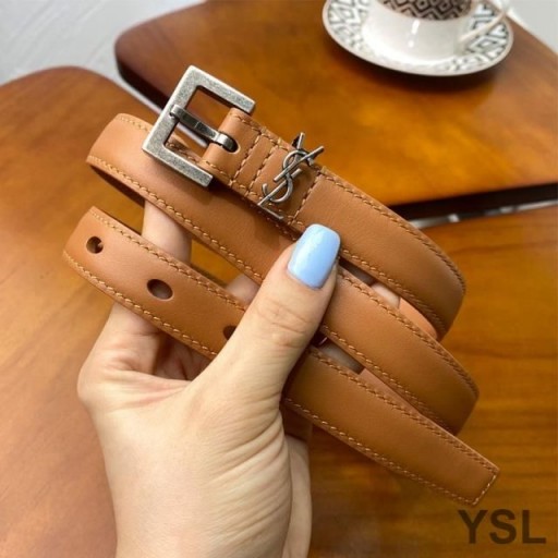 Yves Saint Laurent Monogram Úzký Pás S Spona Čtverec V Kůži Nappa Hnědá/Stříbrná