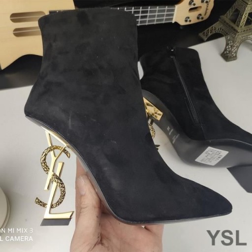 Yves Saint Laurent Opyum Kotníkové Boty V Semišové S Bronzovým Hadem Podpatku Černá