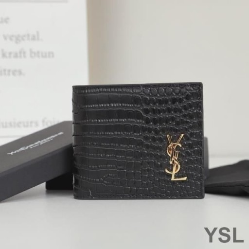 Yves Saint Laurent Malý Monogram Východ/Západ Peněženky Krokodýl Reliéfní Kůže Černá/Zlatá