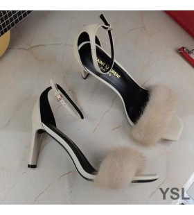 Yves Saint Laurent Amber Sandály V Hladké Usně a Norek Kožešiny Béžová