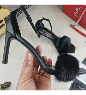 Yves Saint Laurent Amber Sandály V Hladké Usně a Norek Kožešiny Černá