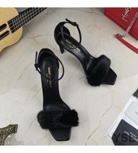 Yves Saint Laurent Amber Sandály V Hladké Usně a Norek Kožešiny Černá