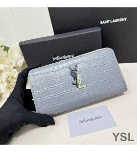Yves Saint Laurent Velké Cassandra Dekonstrukci Zip Kolem Peněženky Krokodýl Reliéfní Kůže Modrá Obloha