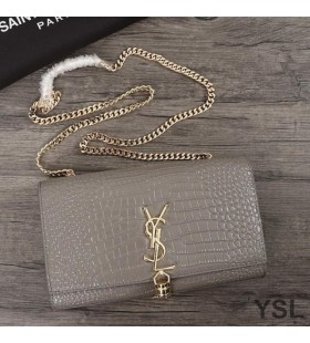 Yves Saint Laurent Střední Kate Taška Řetěz se Střapcem V Krokodýl Reliéfní Lesklé Kůže Šedá/Zlatá