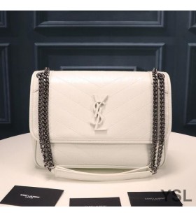 Yves Saint Laurent Střední Niki Řetězce Taška V Plisovaný A Prošívané Kůže Bílá/Stříbrná