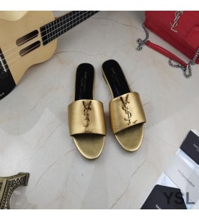 Yves Saint Laurent Monogram Slides In Calf Leather Gold