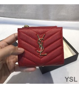 Yves Saint Laurent Monogram Zip Bifold Karty V Případě Zrnitá Matelasse Kůže Červená/Zlatá
