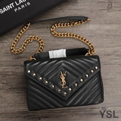 Yves Saint Laurent Medium College Kæde Taske Dupper Matelasse Læder Sort/Guld