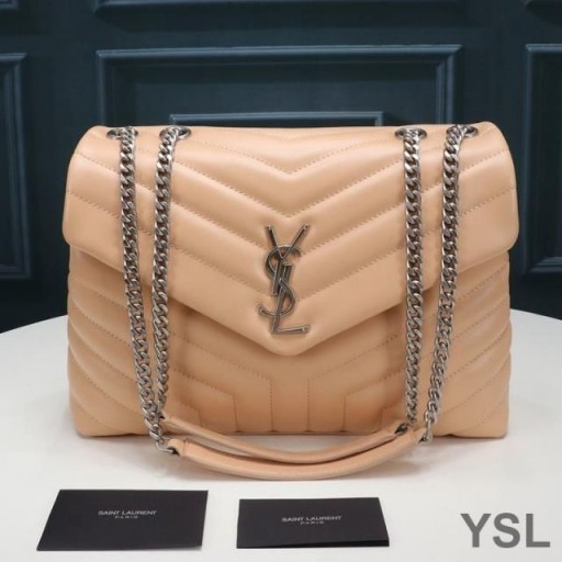 Yves Saint Laurent Medium Loulou Kæde Taske I Y Matelasse Læder Abrikos/Sølv