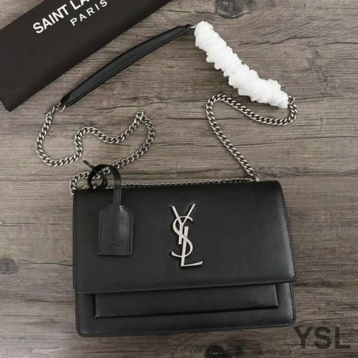 Yves Saint Laurent Medium Solnedgang Kæde Taske I Læder Sort/Sølv