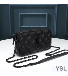 Yves Saint Laurent Becky Double-Zip Pouch In Diamond-Quilted Lambskin Black
