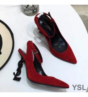 Yves Saint Laurent Opyum Slingback Pumper I Ruskind med Sort Hæl Rød