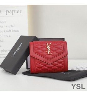 Yves Saint Laurent Lille Gaby Trifold-Wallet I Quiltet Lammeskind Rød/Guld