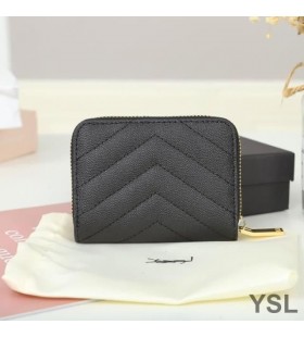 Yves Saint Laurent Lille Monogram Zip Omkring Wallet I Kornet Matelasse Læder Sort/Guld
