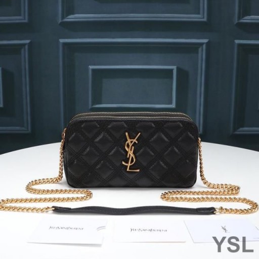 Yves Saint Laurent Becky Dubbel-Zip Zakje In Diamant Gewatteerde Lamsvel Zwart/Goud
