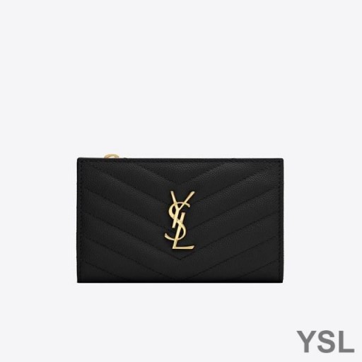 Yves Saint Laurent Fragmenten Met Rits Bifold Portemonnee In Generfd Matelasse Leer Zwart/Goud