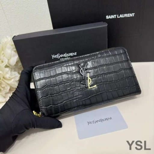 Yves Saint Laurent Grote Cassandra Deconstrueren Zip Around Portemonnee In De Krokodil In Reliëf Leer Zwart